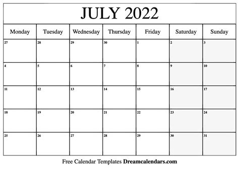 Free Printable Calendar July 2022